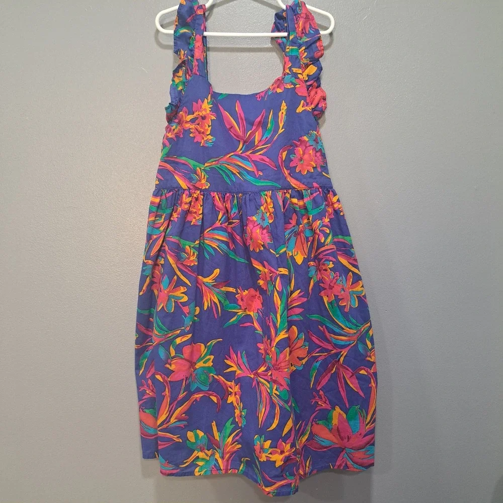 Crewcuts Girls Blue Floral Tropical Ruffle Strap Dress Size 12 Summer Boho‎